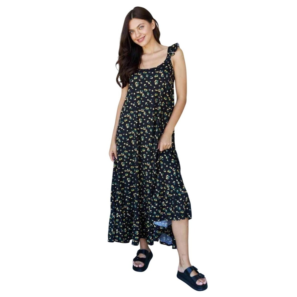 Ninexis Black Floral Ruffle Strap Scoop Neck Maxi Dress XL Sleeveless Casual NWT
